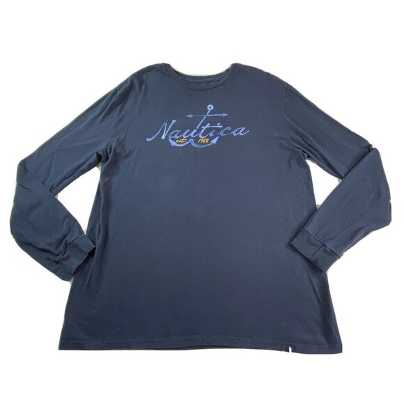 Nautica Shirt Mens Large Navy‎ Blue Long Sleeve Spell Out Cotton Tagless Tee Y2K - Picture 1 of 10